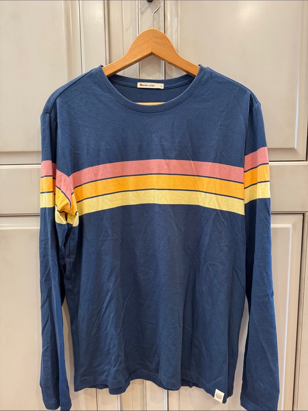 Marine Layer Navy Long-Sleeve Crew with Pink and Yellow Chest Stripes